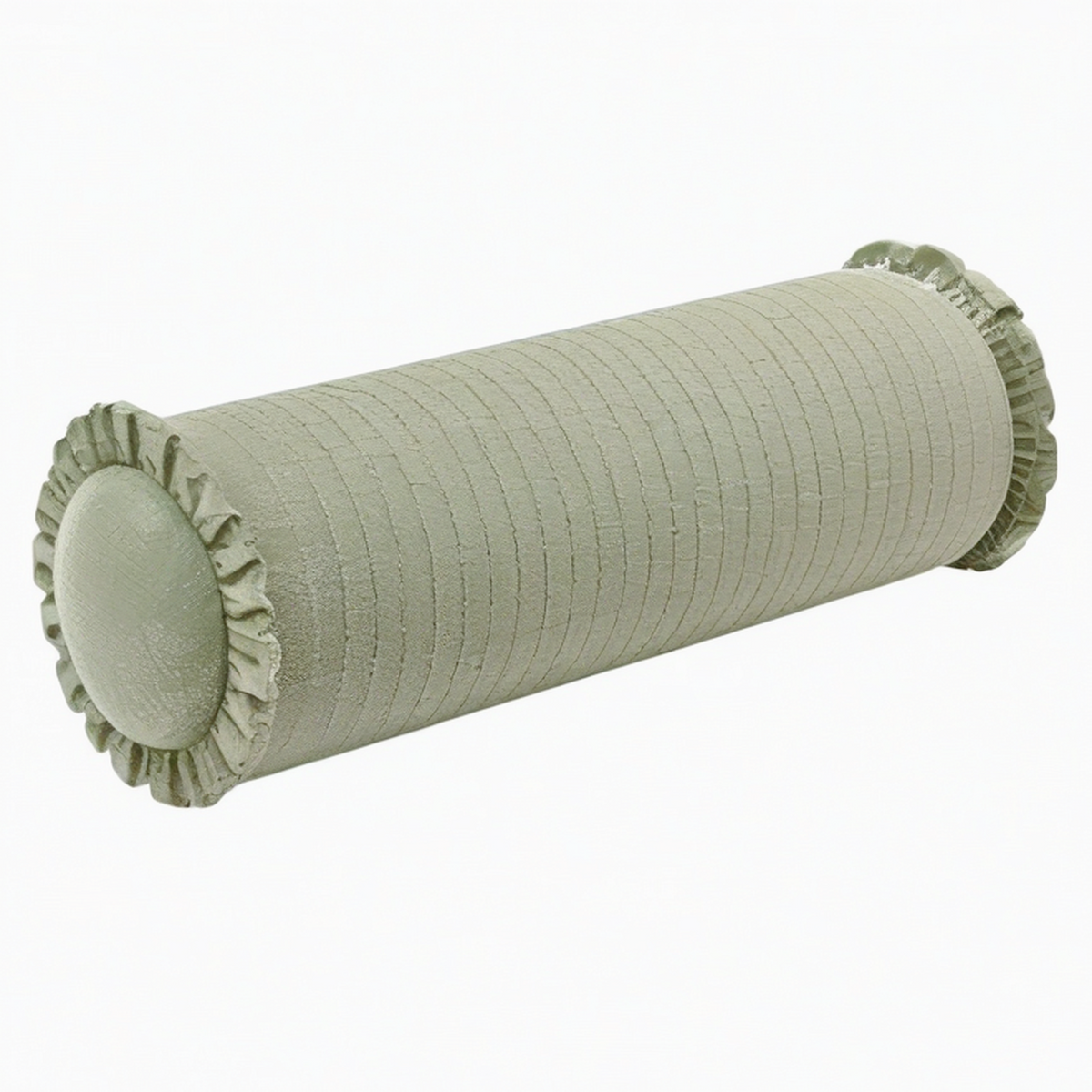 Cojín cilíndrico 15 x 45 cm de tejido verde salvia con volantes decorativos