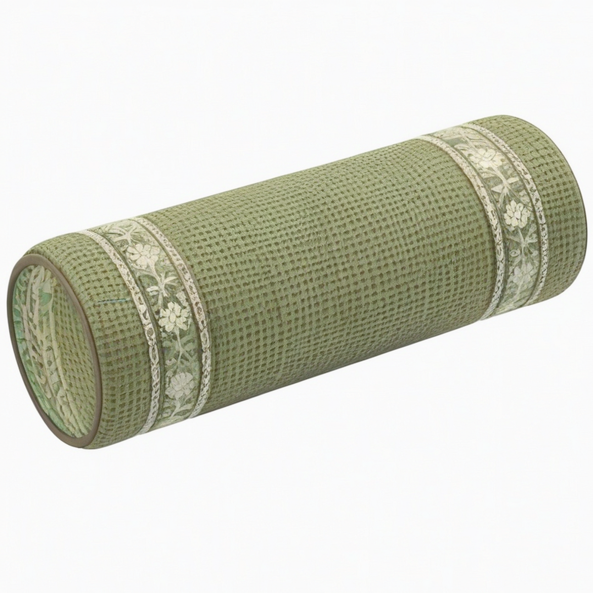 Cojín cilíndrico 15 x 45 cm de tejido gofrado verde con bordado floral decorativo