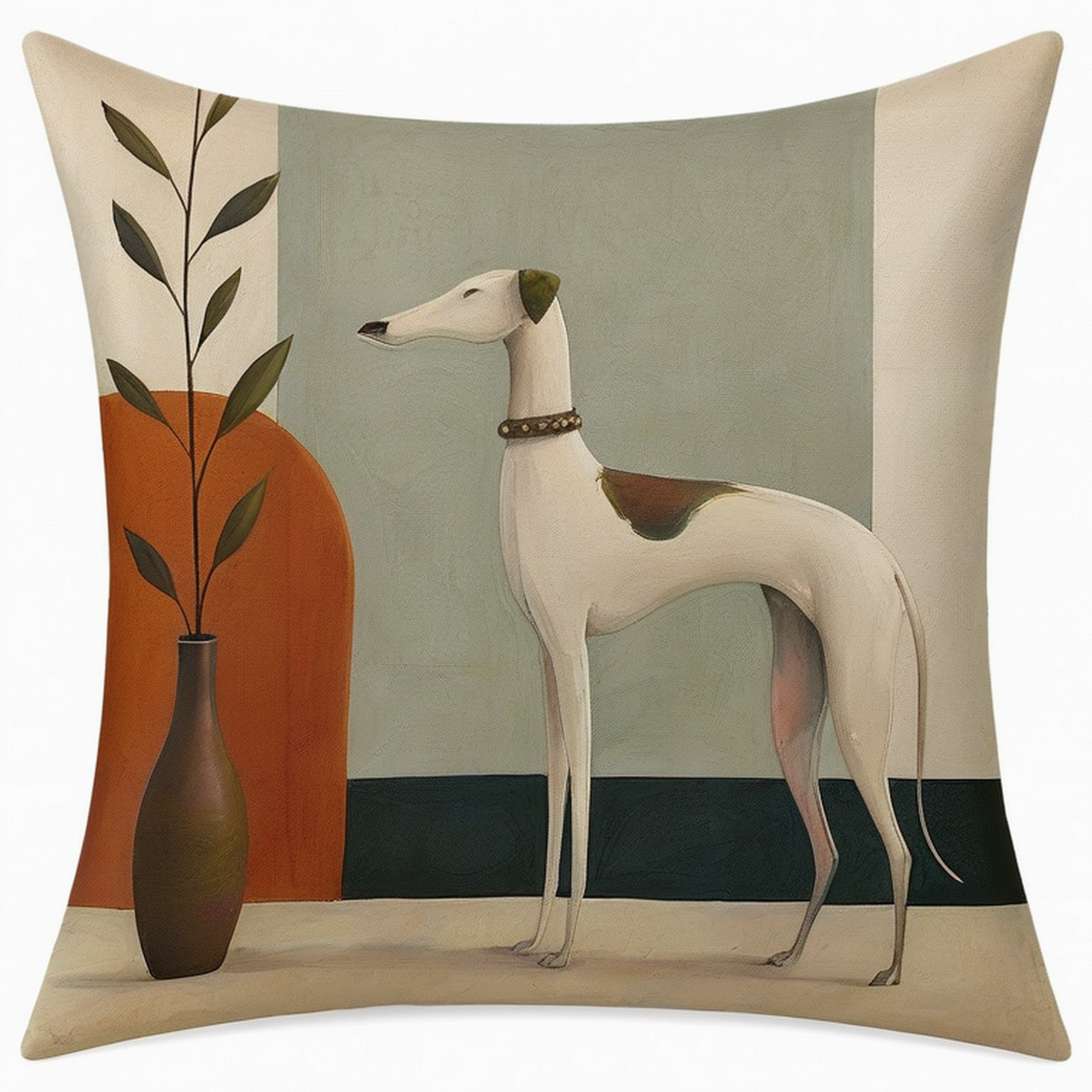 Cojín decorativo cuadrado 45 cm de poliéster beige con galgo estampado estilo vintage