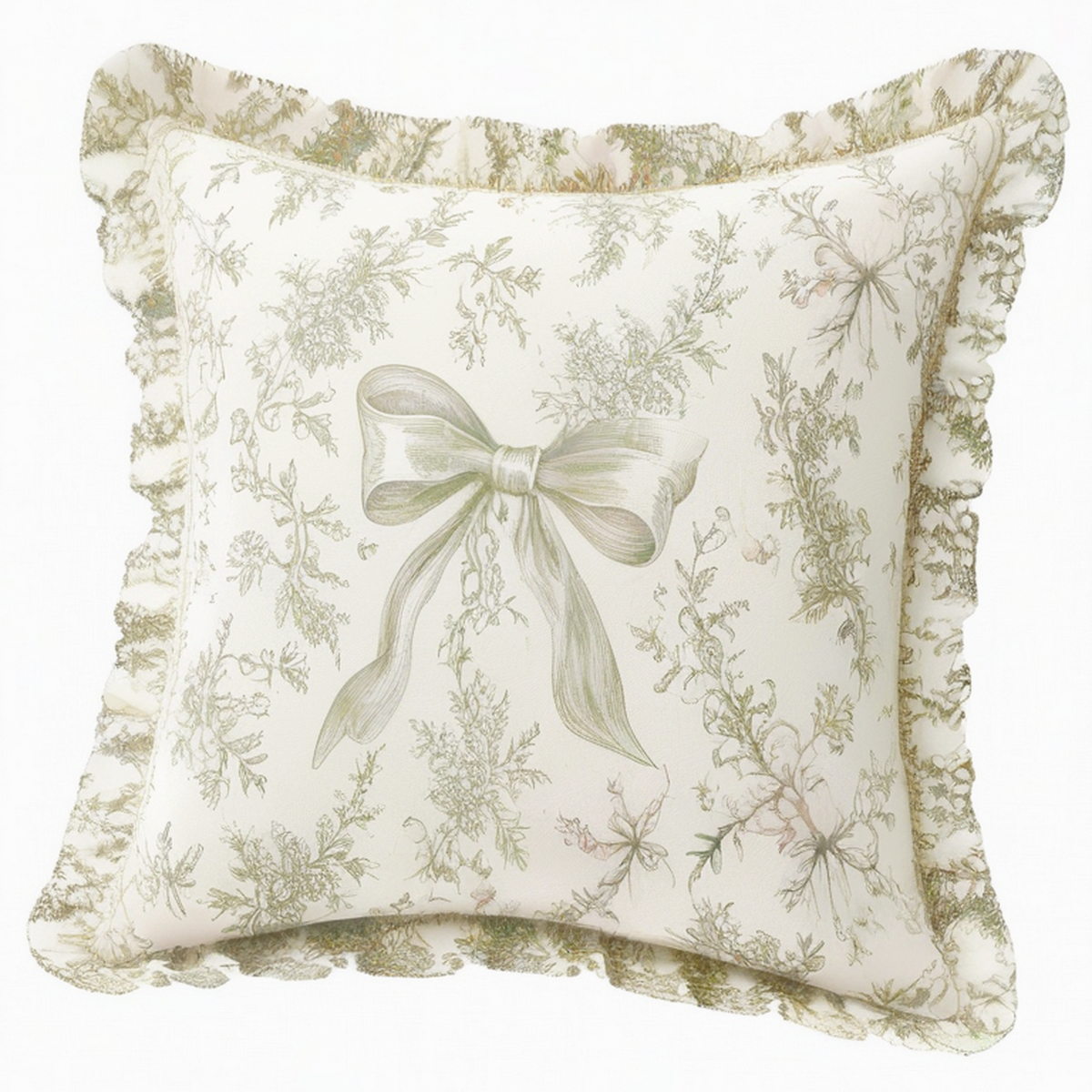 Cojín cuadrado 45 x 45 cm de tejido blanco y verde oliva con estampado floral y volante decorativo