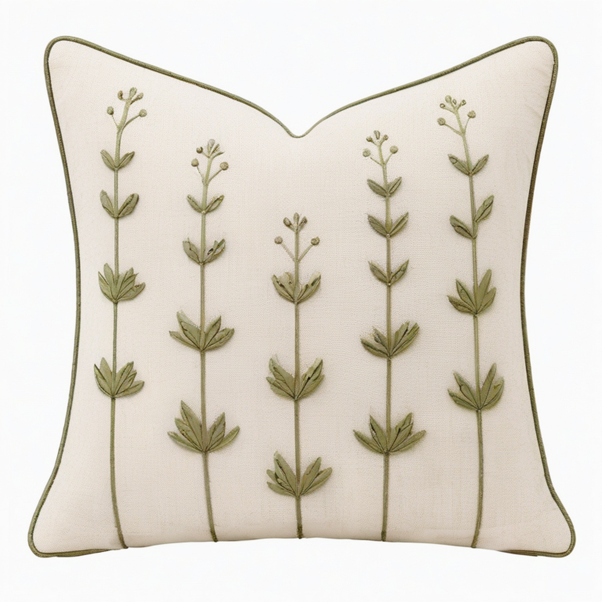 Cojín decorativo cuadrado 45 cm de tejido beige con bordado vegetal verde - estilo natural