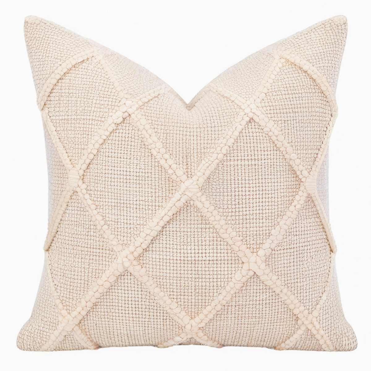 Cojín decorativo cuadrado 45 cm de tejido beige con relieve geométrico estilo bohemio