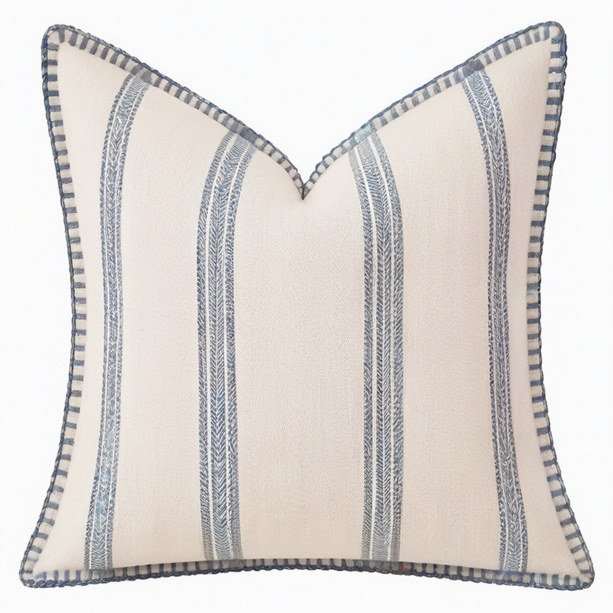 Cojín decorativo 45 x 45 cm de tejido beige y azul con ribete trenzado para sofá estilo rústico