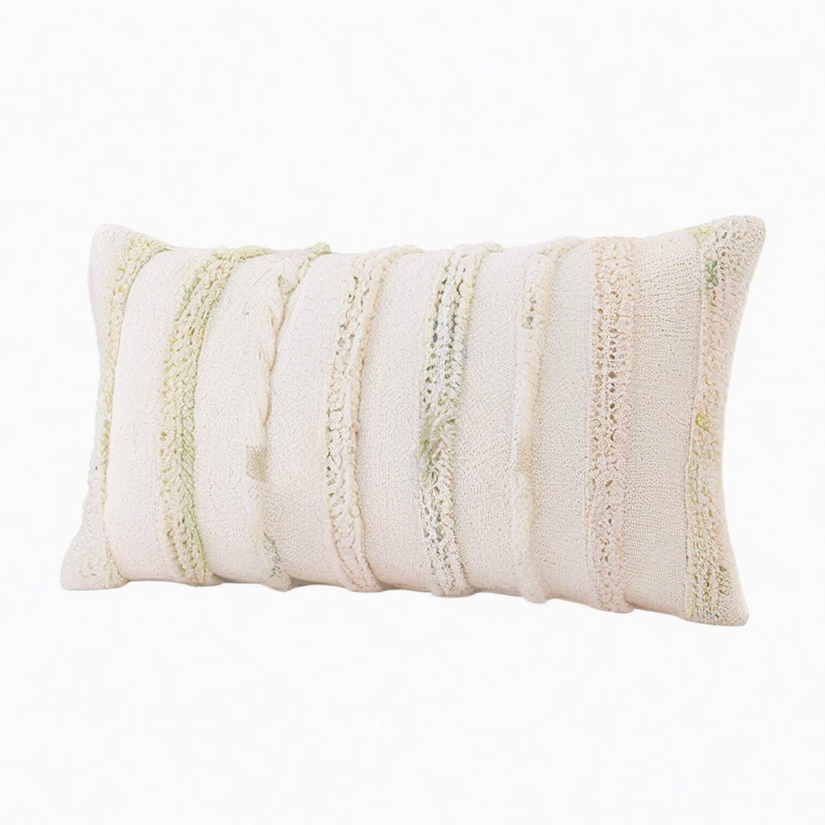 Cojín lumbar 50 x 30 cm de tejido beige con flecos estilo bohemio