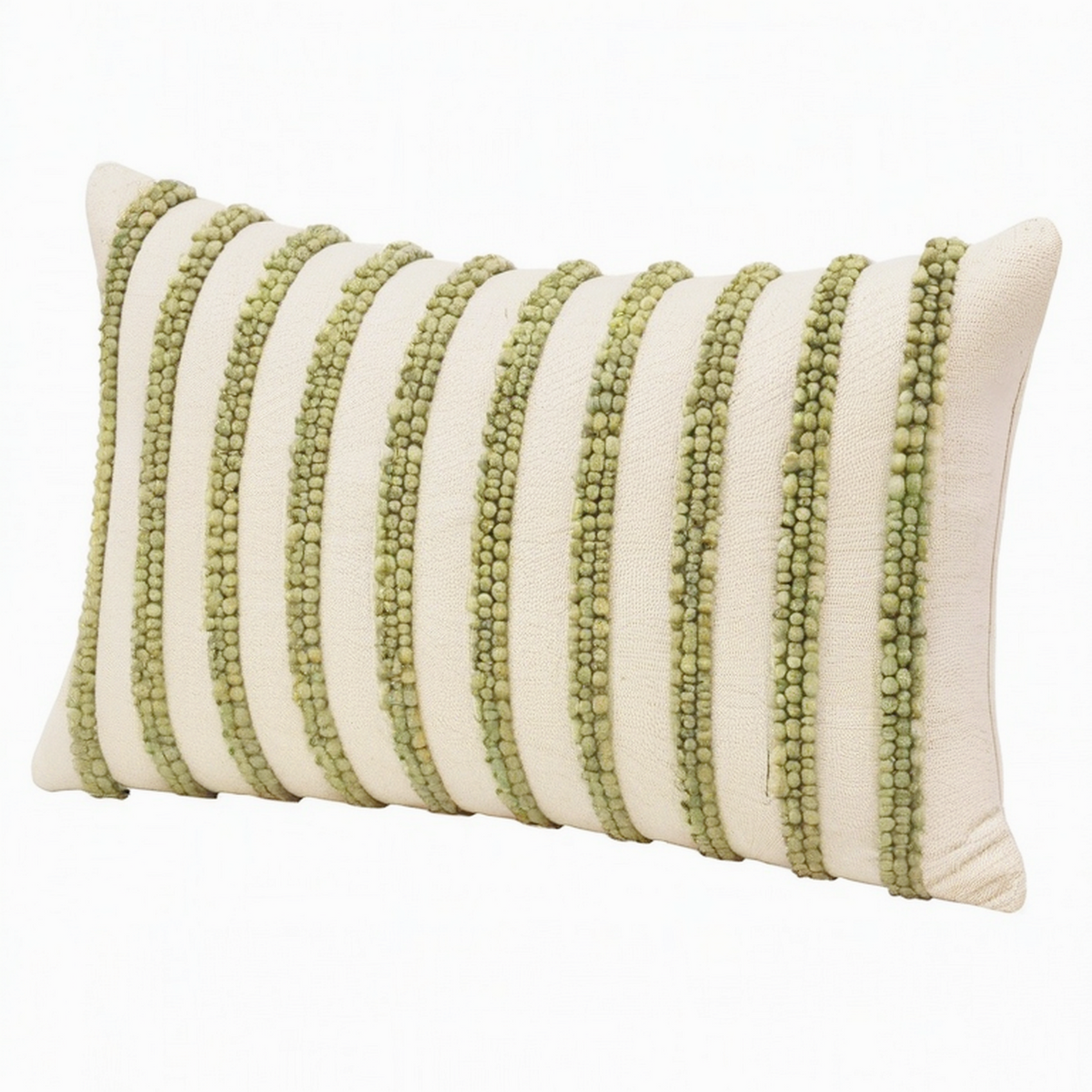 Cojín lumbar 50 x 30 cm beige y verde con textura de pompones para decoración