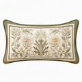 Cojín lumbar 50 x 30 cm de tela verde oliva y crudo con bordado floral decorativo