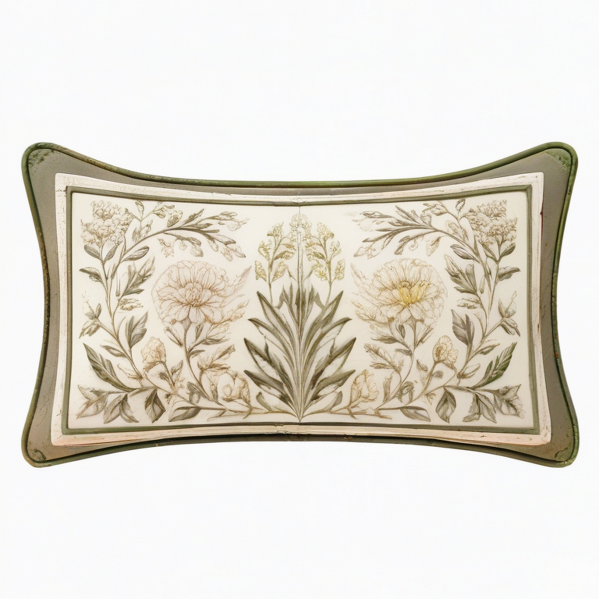 Cojín lumbar 50 x 30 cm de tela verde oliva y crudo con bordado floral decorativo