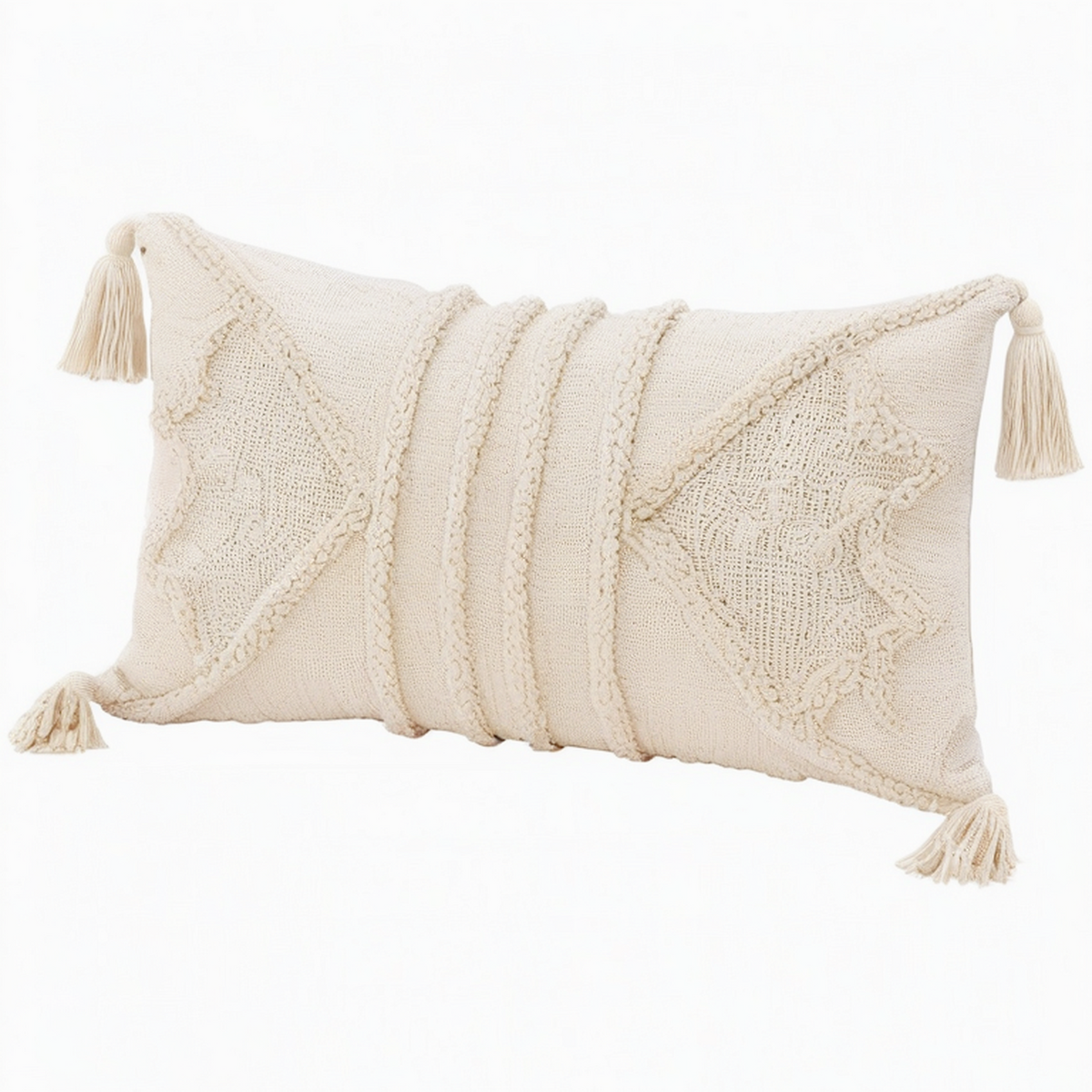 Cojín lumbar 50 x 30 cm de algodón beige con borlas estilo bohemio