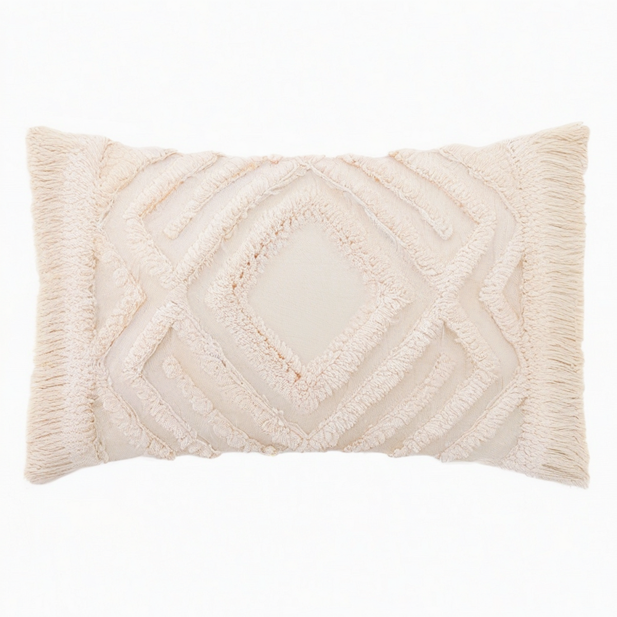Cojín decorativo rectangular 50 x 30 cm de algodón beige con flecos estilo bohemio