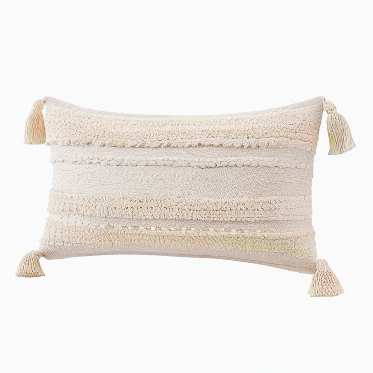 Cojín decorativo rectangular 50 x 30 cm de tejido beige con borlas estilo bohemio