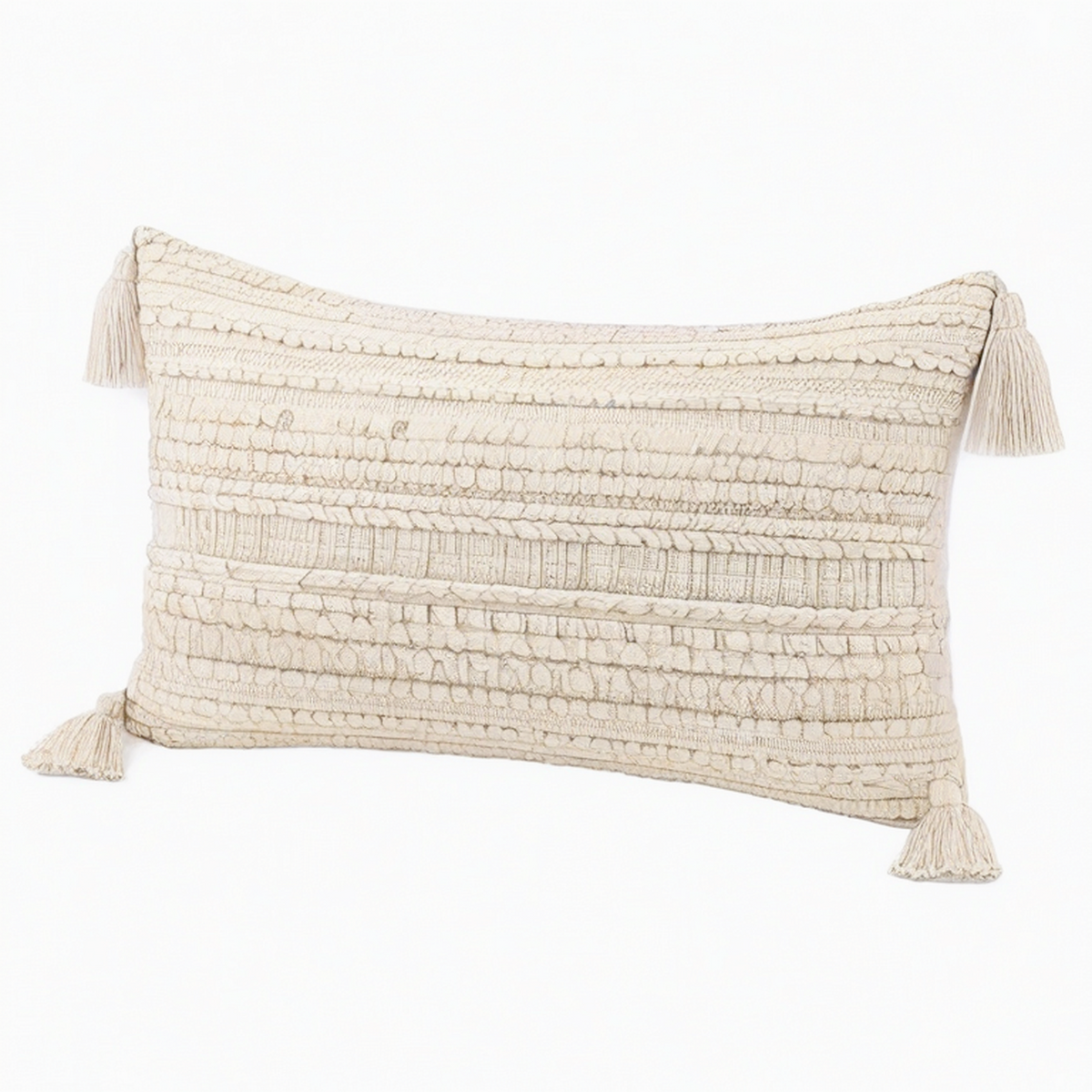Cojín rectangular 50 x 30 cm de algodón beige con textura tejida y borlas