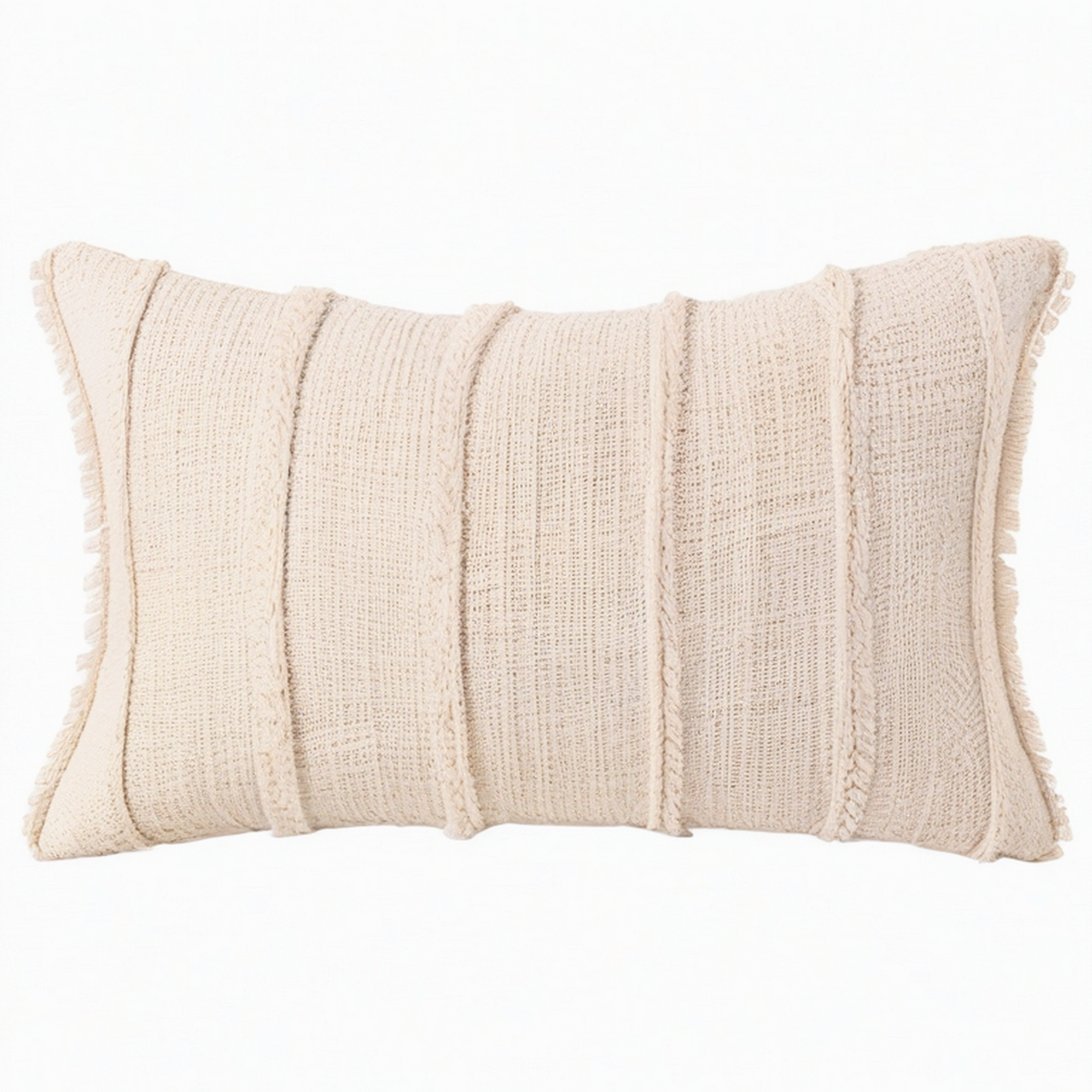 Cojín rectangular 50 x 30 cm de tejido beige con flecos estilo bohemio