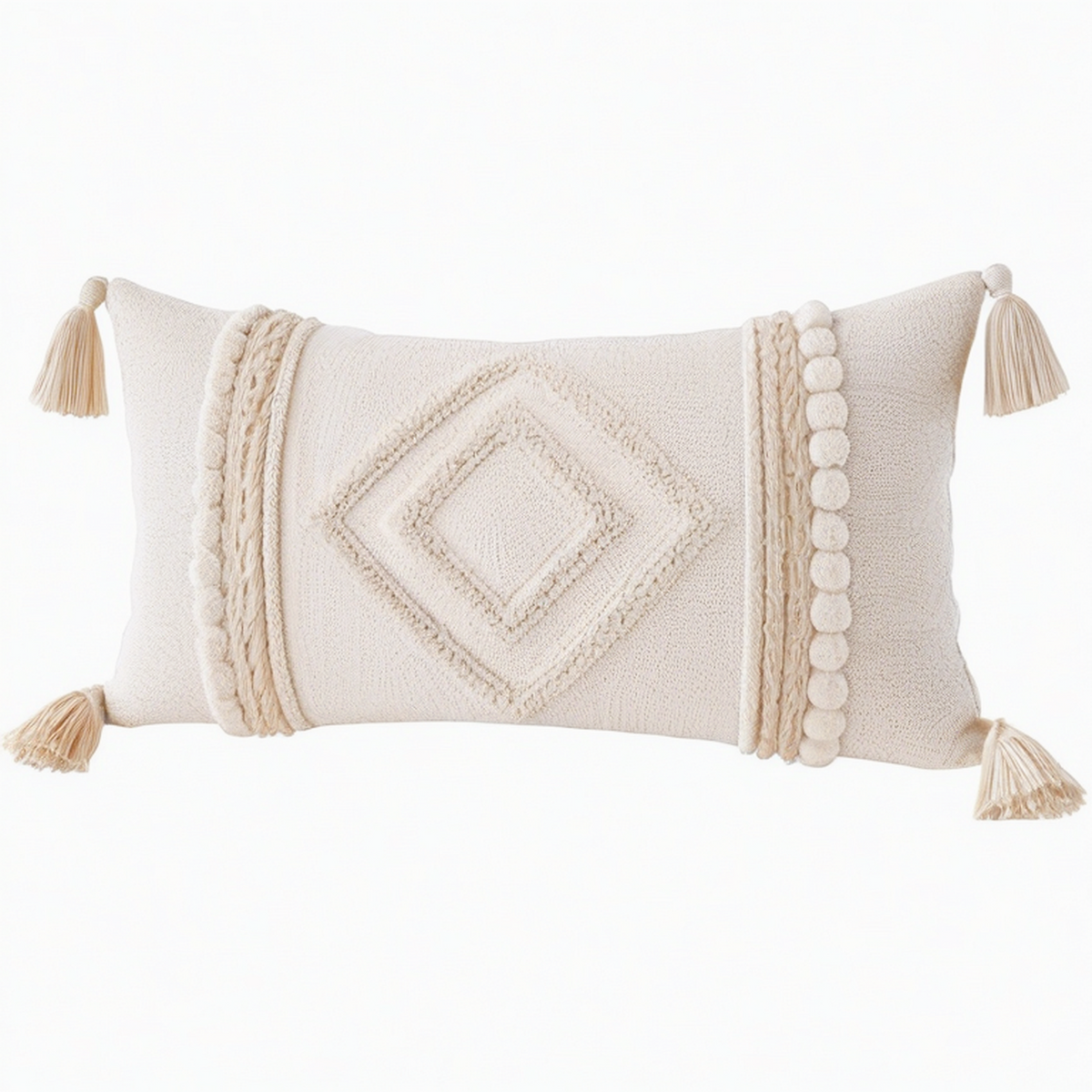 Cojín rectangular 50 x 30 cm beige de tejido texturizado con borlas estilo bohemio