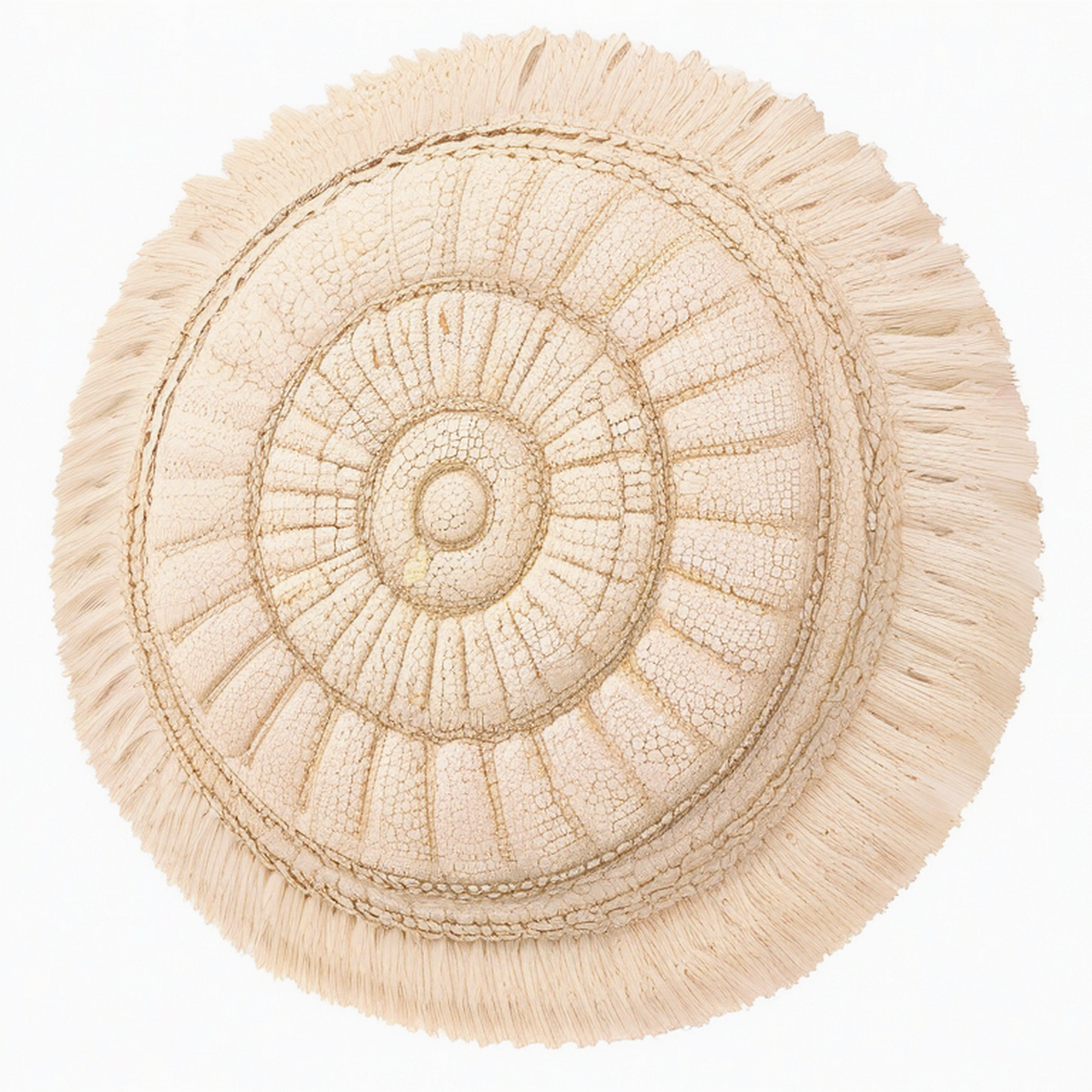 Cojín redondo 45 cm de algodón beige con flecos estilo bohemio