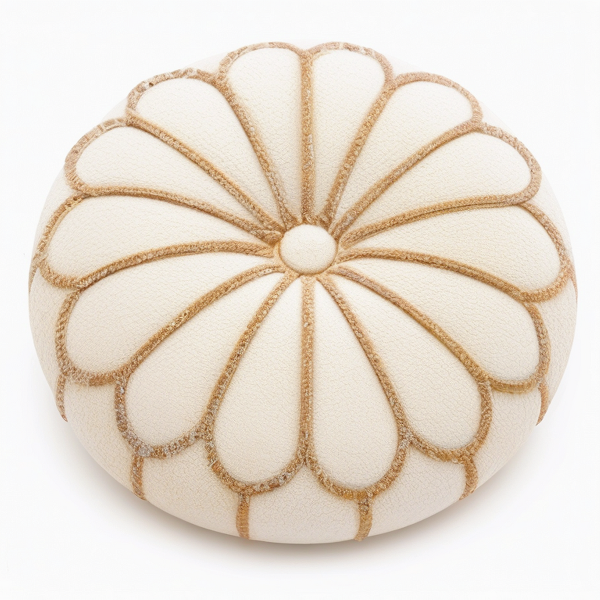 Cojín redondo 45 cm de tejido bouclé beige con relieve floral decorativo